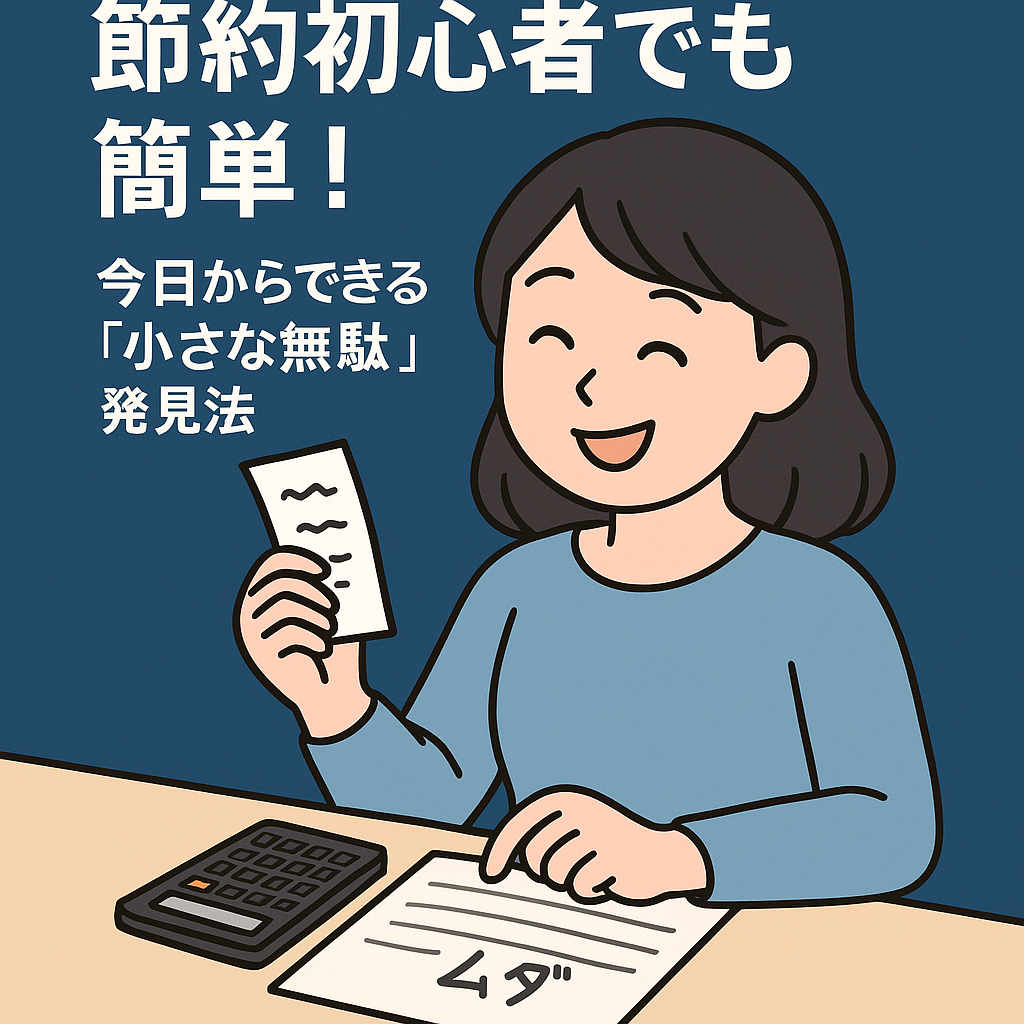 電卓とレシートを手に、節約の工夫を考える女性のイラスト