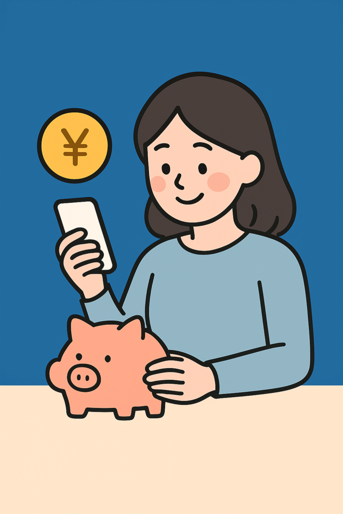 スマホと貯金箱を手に、楽しそうにお金を貯める女性のイラスト