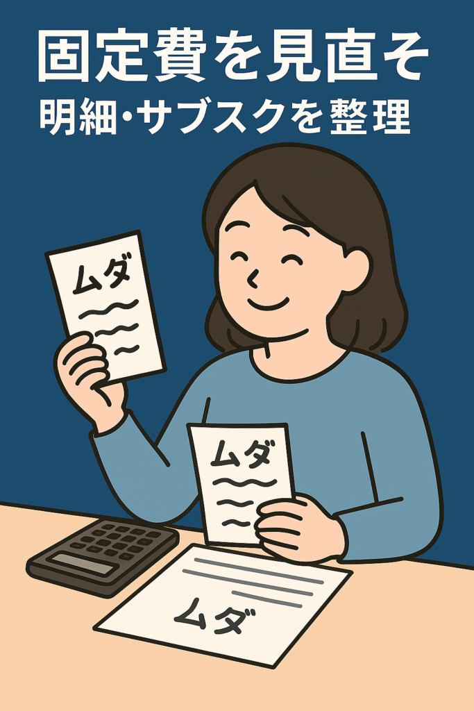 請求書と電卓を手に、固定費を見直す女性のイラスト
