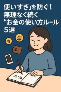 お金の使い方ルールをノートに書く女性のイラスト