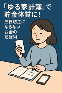 スマホとノートで支出をゆるく記録する女性のイラスト