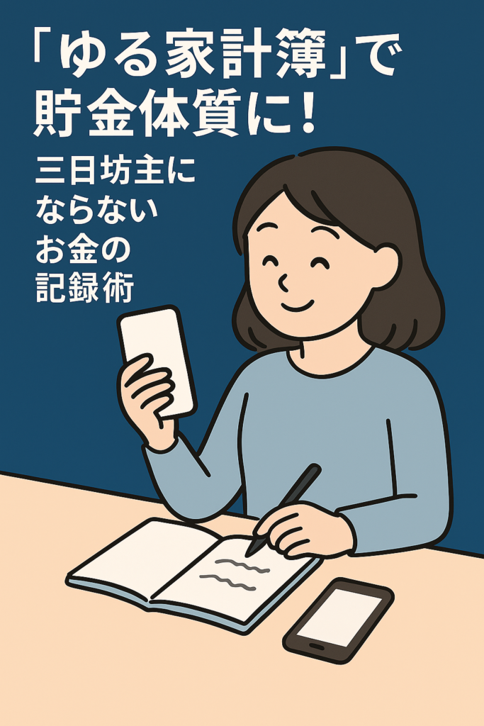 スマホとノートで支出をゆるく記録する女性のイラスト