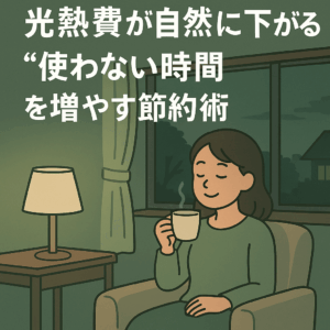 光熱費を自然に下げる節約術を象徴する、照明を落とした部屋でくつろぐ女性のイラスト