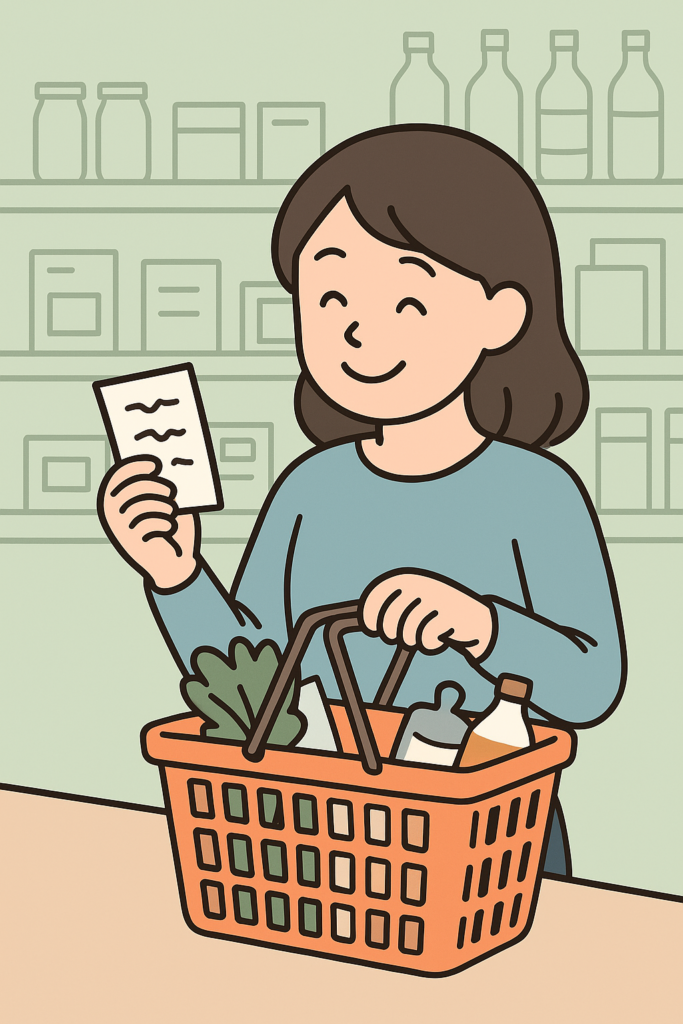 スーパーで買い物リストを確認する女性のイラスト
