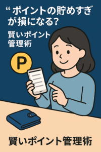 スマホでポイント残高を確認する女性のイラスト。賢いポイント管理と節約の象徴。