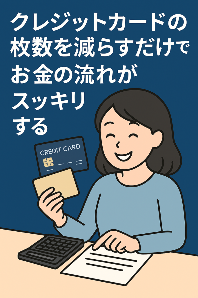 クレジットカードを整理して家計をスッキリさせる日本人夫婦のイラスト
