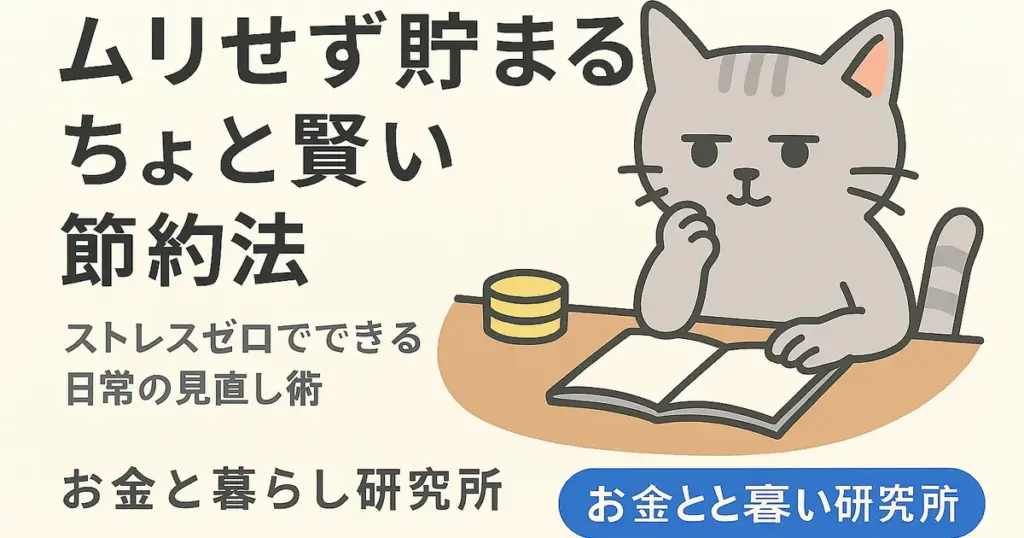 ノートを前に考えごとをしている灰色の猫のイラスト。 横にはコインが置かれ、「ムリせず貯まる ちょっと賢い節約法」「お金と暮らし研究所」と書かれている。 節約や家計見直しをテーマにした画像。
