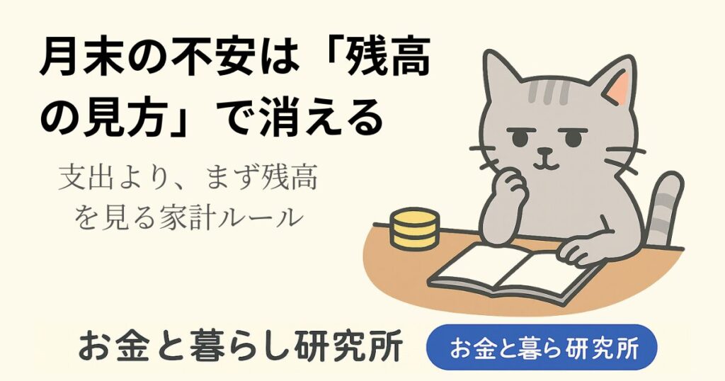 ノートを開いて考えごとをしている猫のイラストと「お金と暮らし研究所」のロゴが入ったアイキャッチ画像