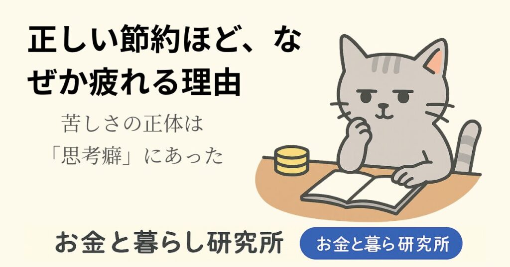 ノートを開いて考えごとをしている猫のイラストと「お金と暮らし研究所」のロゴが入ったアイキャッチ画像
