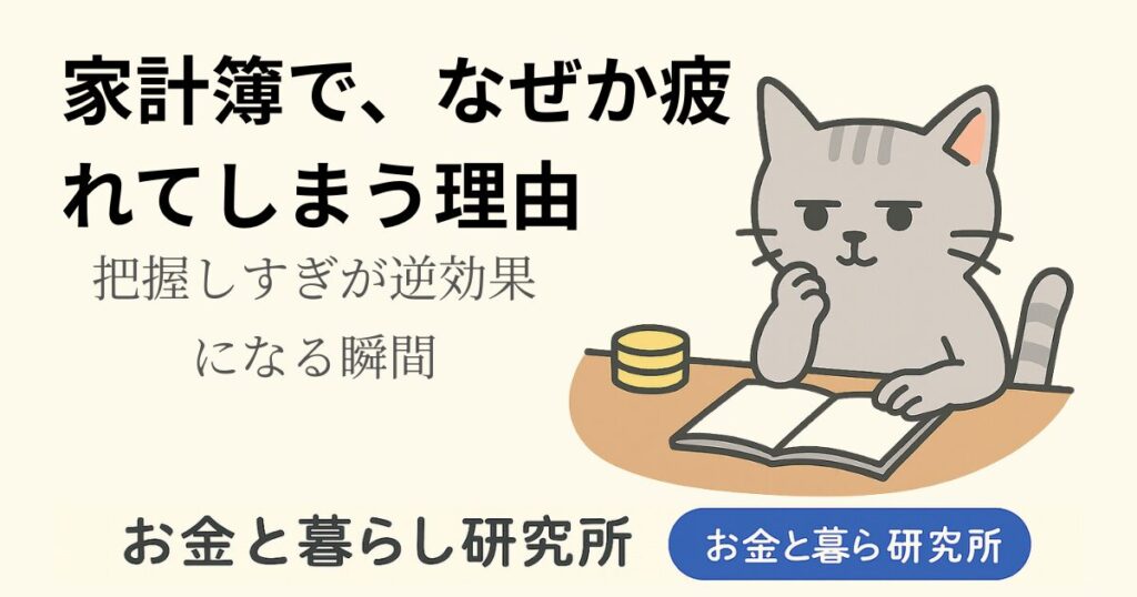 ノートを開いて考えごとをしている猫のイラストと「お金と暮らし研究所」のロゴが入ったアイキャッチ画像