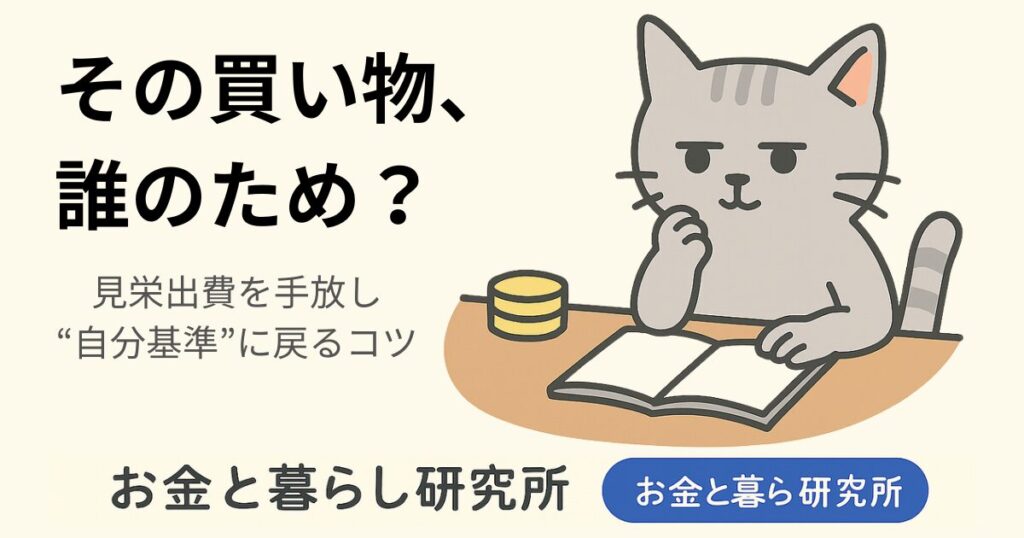 ノートを開いて考えごとをしている猫のイラストと「お金と暮らし研究所」のロゴが入ったアイキャッチ画像