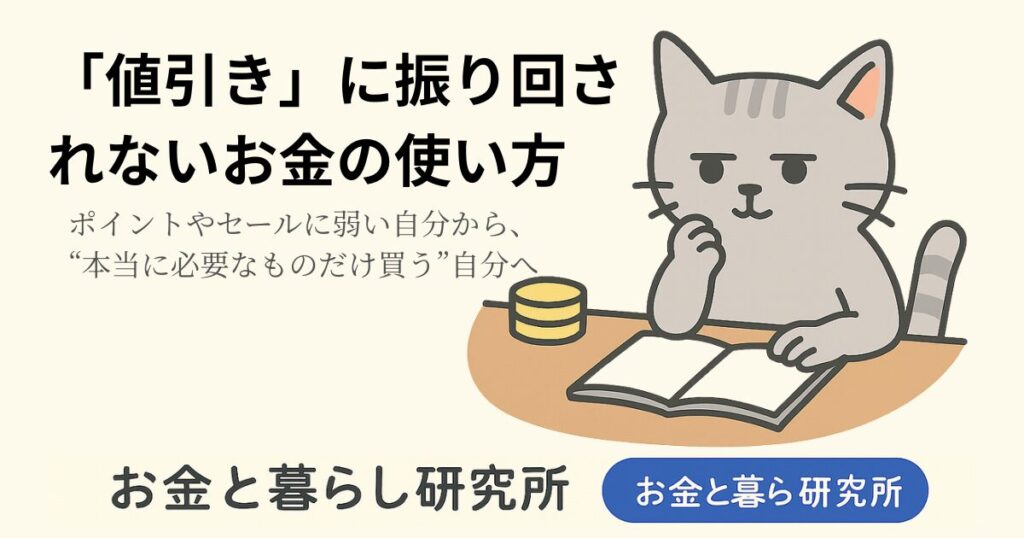 ノートを開いて考えごとをしている猫のイラストと「お金と暮らし研究所」のロゴが入ったアイキャッチ画像