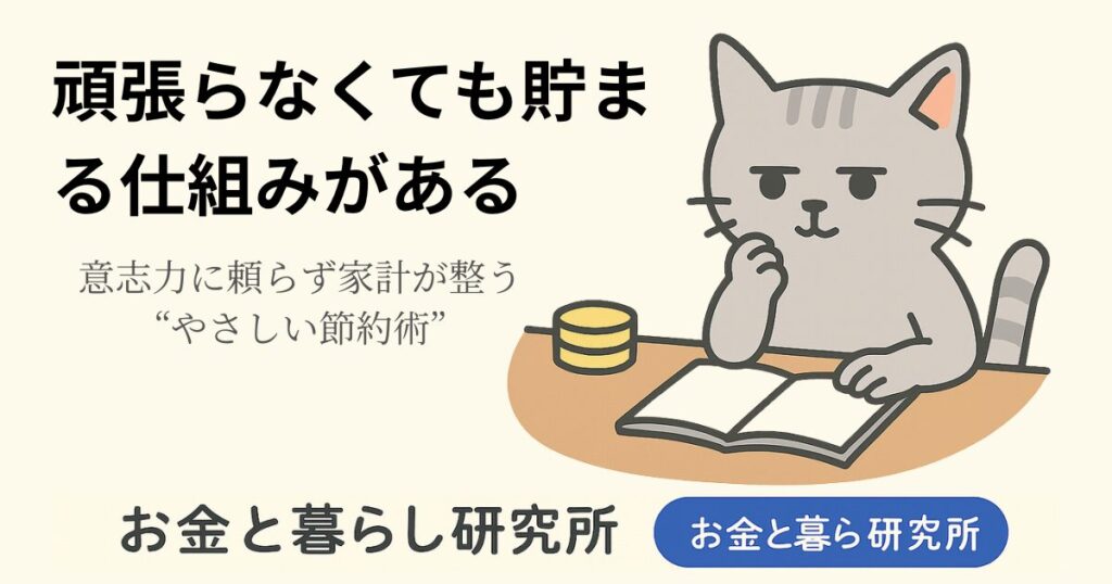 ノートを開いて考えごとをしている猫のイラストと「お金と暮らし研究所」のロゴが入ったアイキャッチ画像