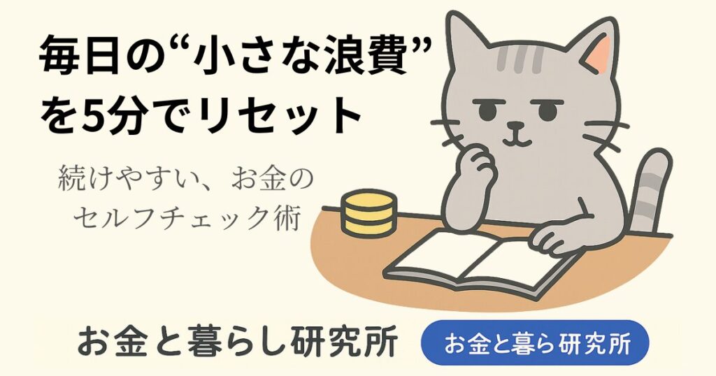 ノートを開いて考えごとをしている猫のイラストと「お金と暮らし研究所」のロゴが入ったアイキャッチ画像