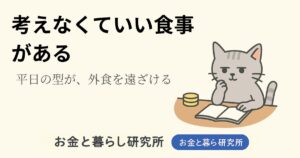 ノートを開いて考えごとをしている猫のイラストと「お金と暮らし研究所」のロゴが入ったアイキャッチ画像