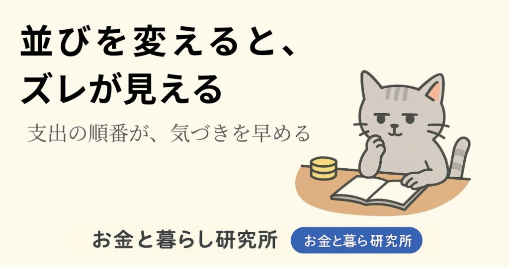 ノートを開いて考えごとをしている猫のイラストと「お金と暮らし研究所」のロゴが入ったアイキャッチ画像