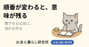 ノートを開いて考えごとをしている猫のイラストと「お金と暮らし研究所」のロゴが入ったアイキャッチ画像