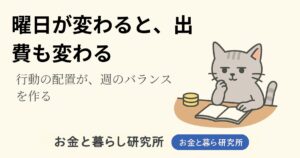 ノートを開いて考えごとをしている猫のイラストと「お金と暮らし研究所」のロゴが入ったアイキャッチ画像