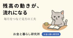 ノートを開いて考えごとをしている猫のイラストと「お金と暮らし研究所」のロゴが入ったアイキャッチ画像
