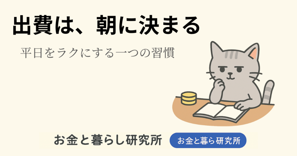 ノートを開いて考えごとをしている猫のイラストと「お金と暮らし研究所」のロゴが入ったアイキャッチ画像