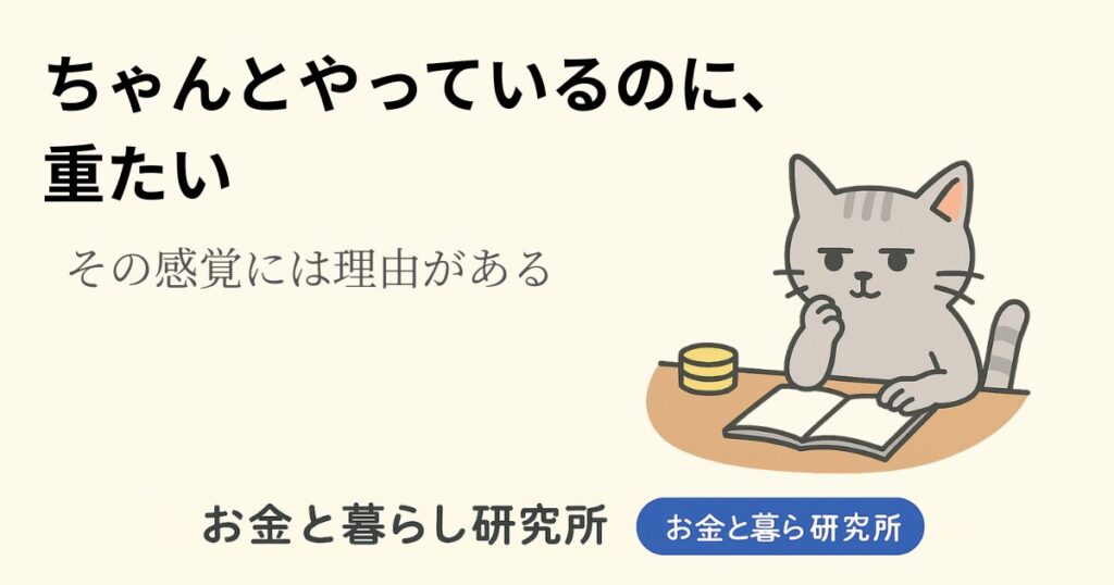 ノートを開いて考えごとをしている猫のイラストと「お金と暮らし研究所」のロゴが入ったアイキャッチ画像