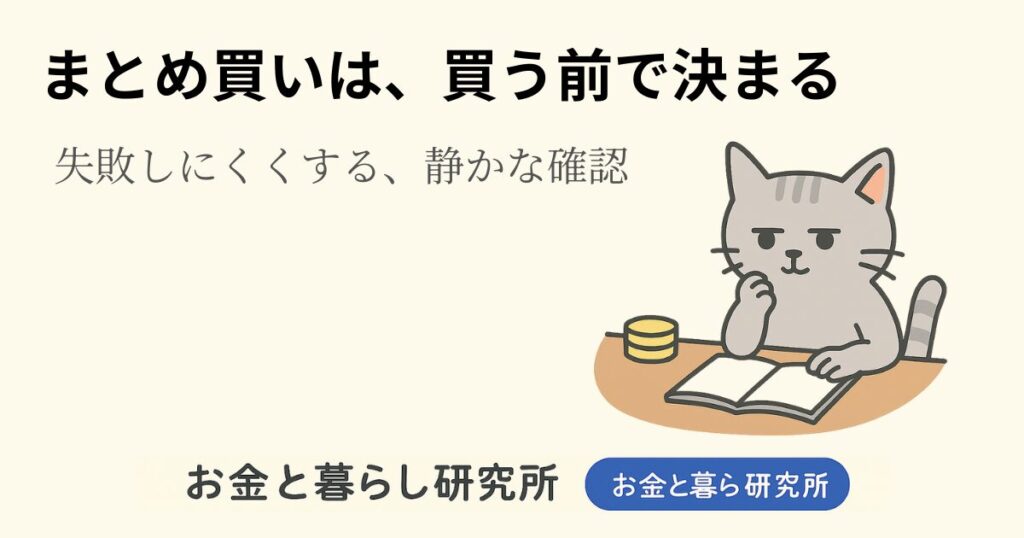 ノートを開いて考えごとをしている猫のイラストと「お金と暮らし研究所」のロゴが入ったアイキャッチ画像