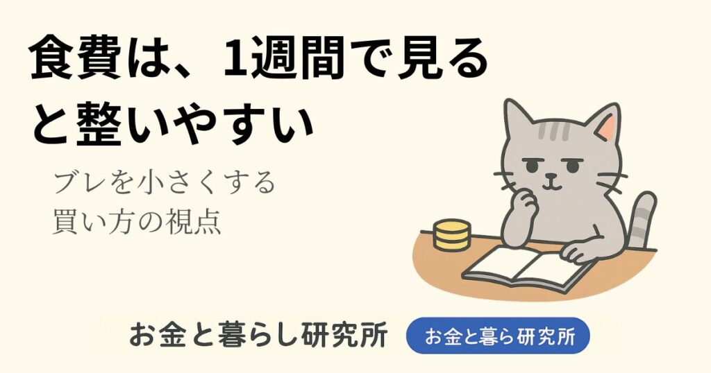 ノートを開いて考えごとをしている猫のイラストと「お金と暮らし研究所」のロゴが入ったアイキャッチ画像