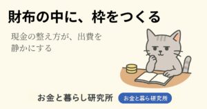 ノートを開いて考えごとをしている猫のイラストと「お金と暮らし研究所」のロゴが入ったアイキャッチ画像