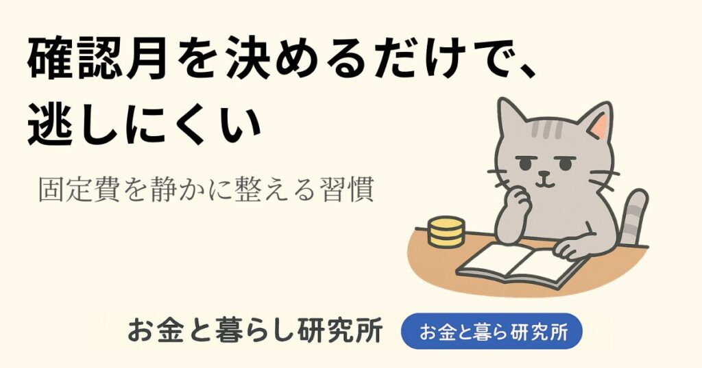 ノートを開いて考えごとをしている猫のイラストと「お金と暮らし研究所」のロゴが入ったアイキャッチ画像
