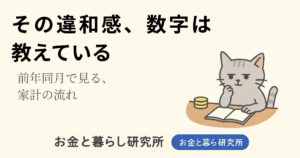 ノートを開いて考えごとをしている猫のイラストと「お金と暮らし研究所」のロゴが入ったアイキャッチ画像