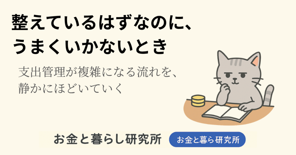 ノートを開いて考えごとをしている猫のイラストと「お金と暮らし研究所」のロゴが入ったアイキャッチ画像